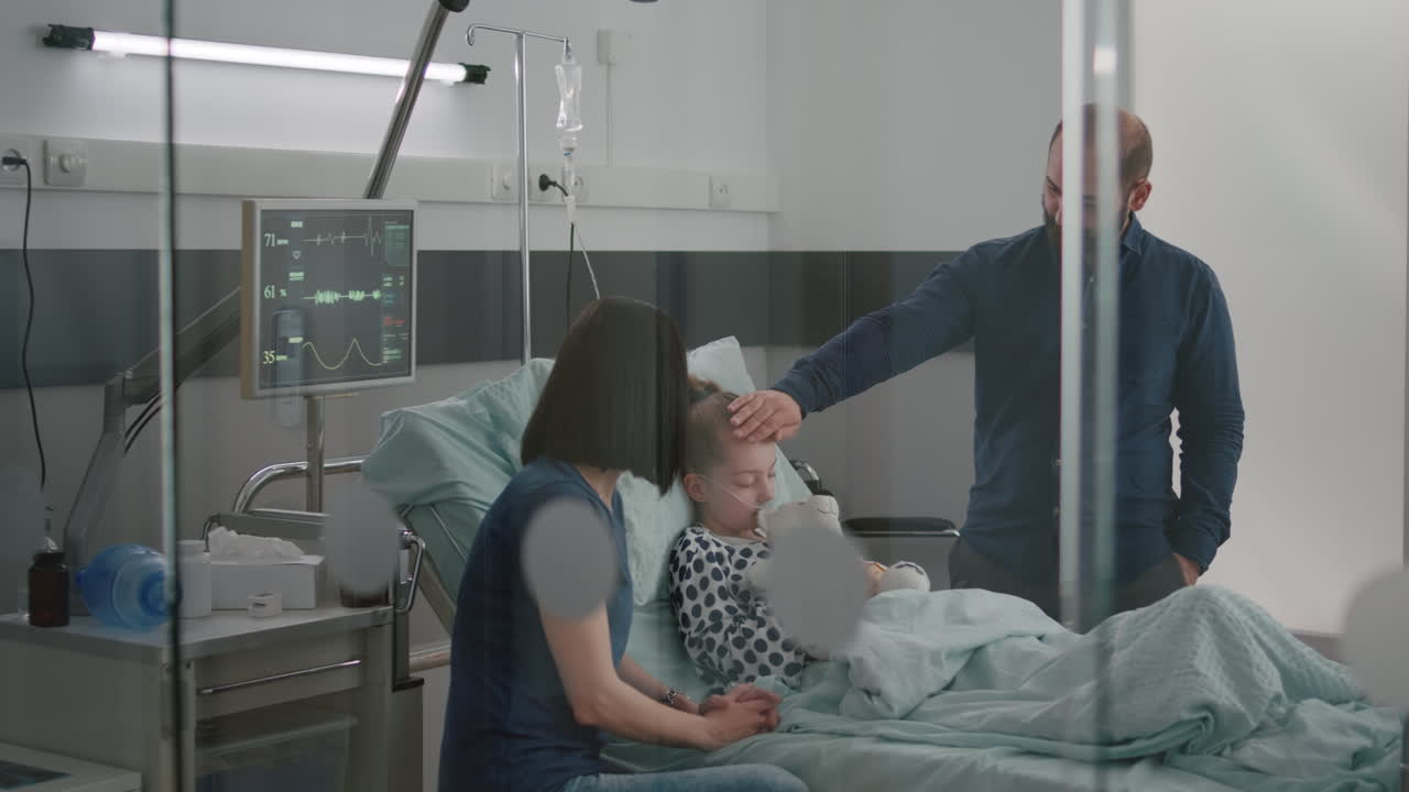 Hospitalized sick child patient falling asleep recovering after illness surgery during medical consultation