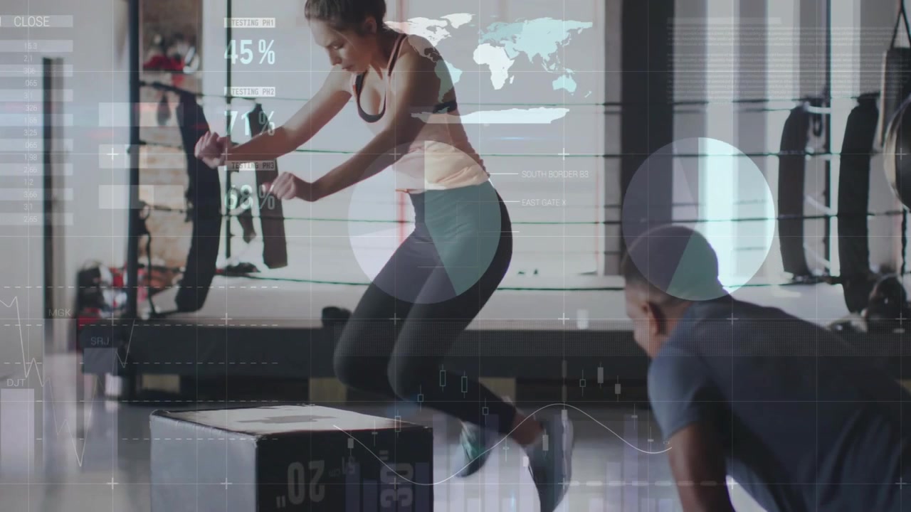 Woman shifting weight, doing box jumps with coach in gym, animated stats over form, coach cheering