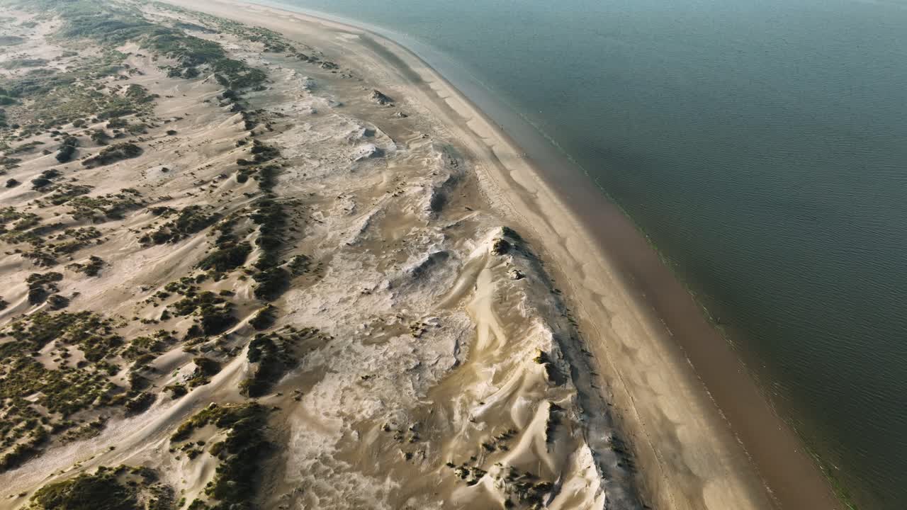 живописный полет беспилотника над дюнами с редкой растительностью