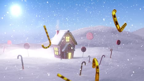 Animation-of-christmas-candy-canes,-snow-and-house-in-winter-scenery