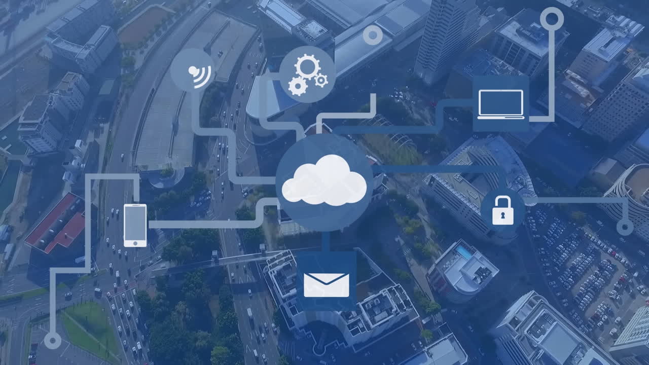 animación de iconos en la nube y digitales con procesamiento de datos sobre el paisaje urbano