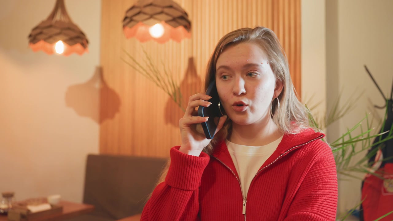 Young Woman Talking on Smartphone in a Modern Cafe