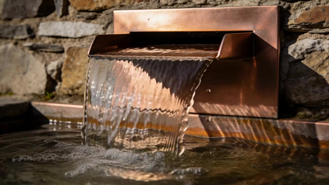 Inizio del flusso, beccuccio rettangolare di rame che versa un velo d'acqua in una vasca poco profonda, raccogliendo l'acqua sulla pietra.