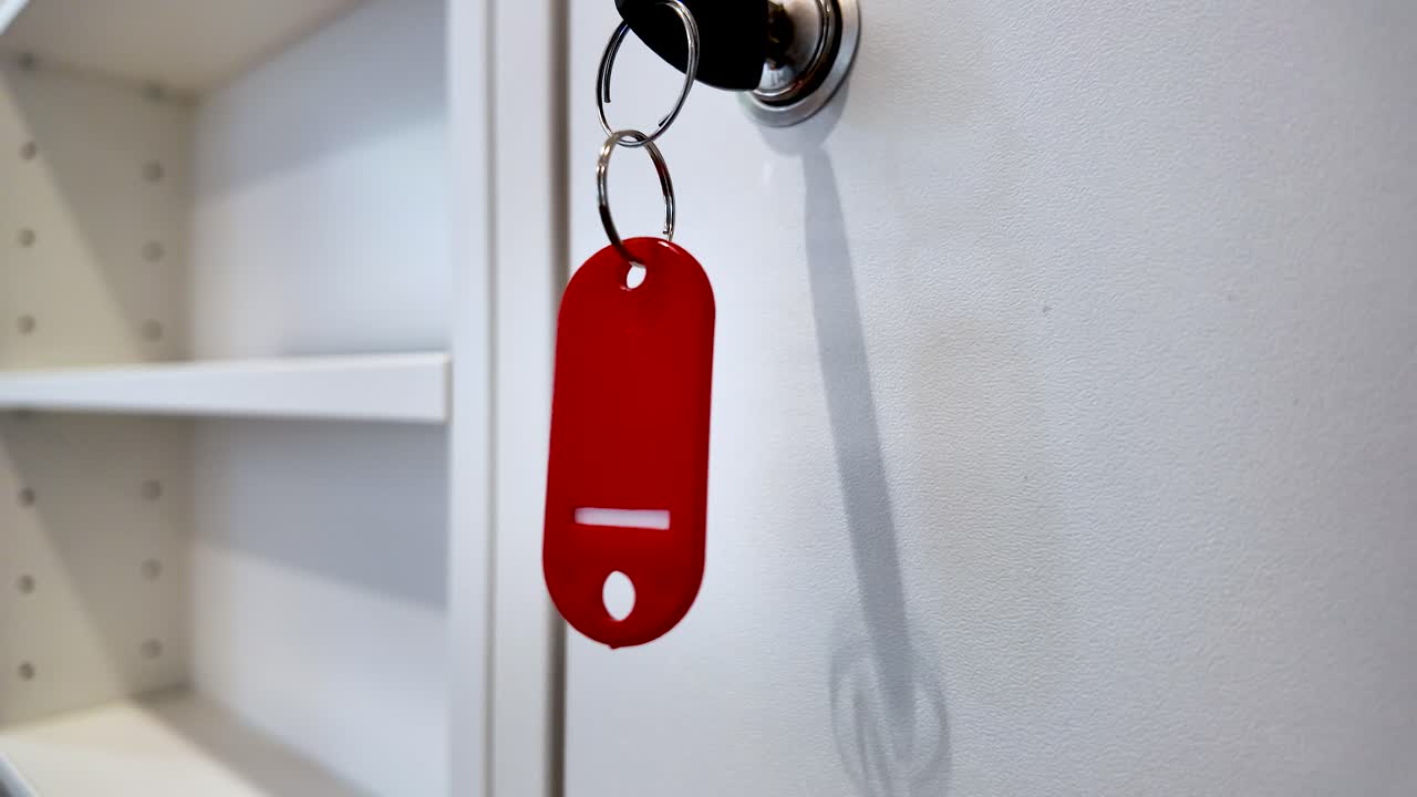 imagen de primer plano que muestra una llave de casillero con una etiqueta de llave roja insertada en una cerradura de armario, que simboliza la seguridad y el acceso