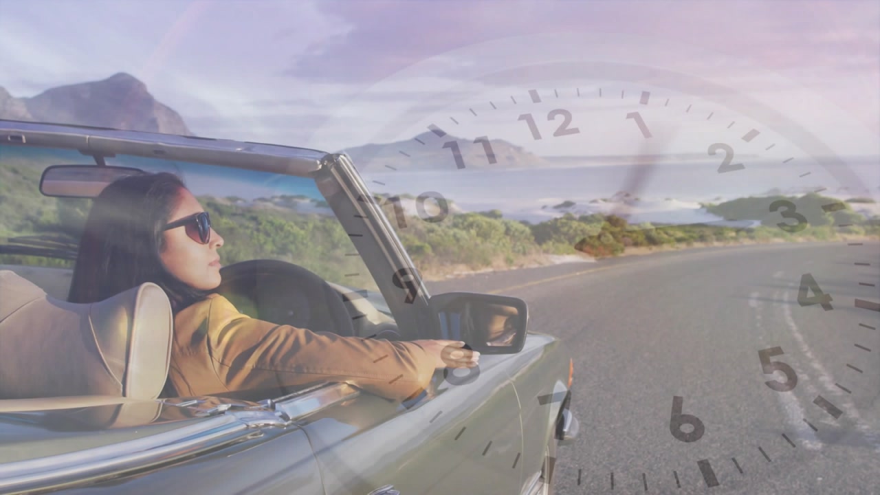 Woman in open car on travel, turning, adjusting mirror and shades while clock overlay tracking time