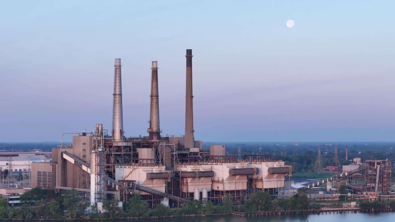 Moon Rises Behind DTE River Rouge Power Plant on Detroit River in Michigan