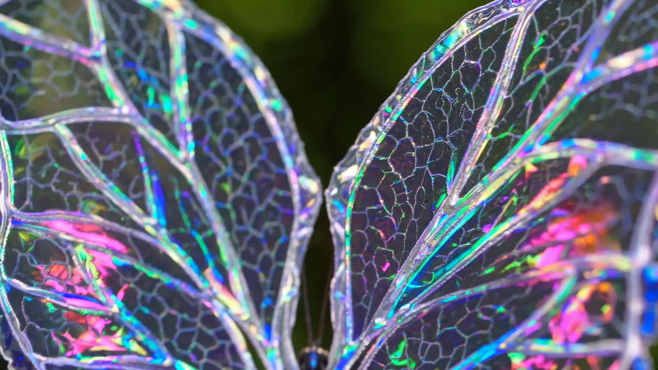 Close-up of iridescent butterfly wings with a macro angle, capturing vibrant colors and intricate
