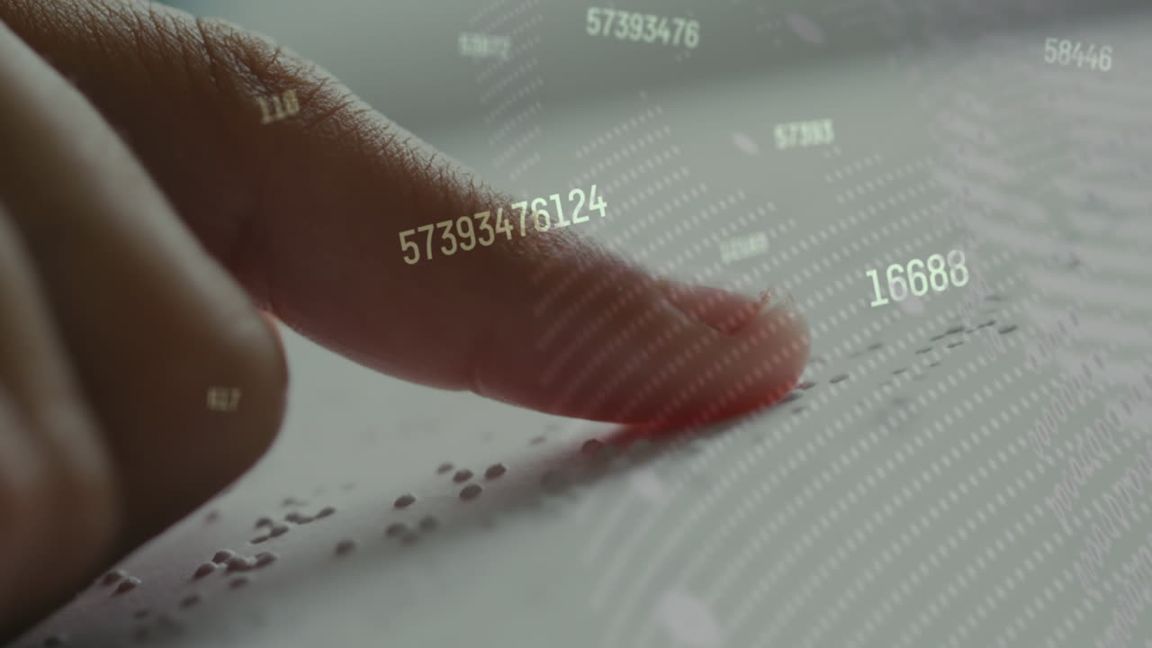 animación de números sobre un escolar caucásico leyendo braille