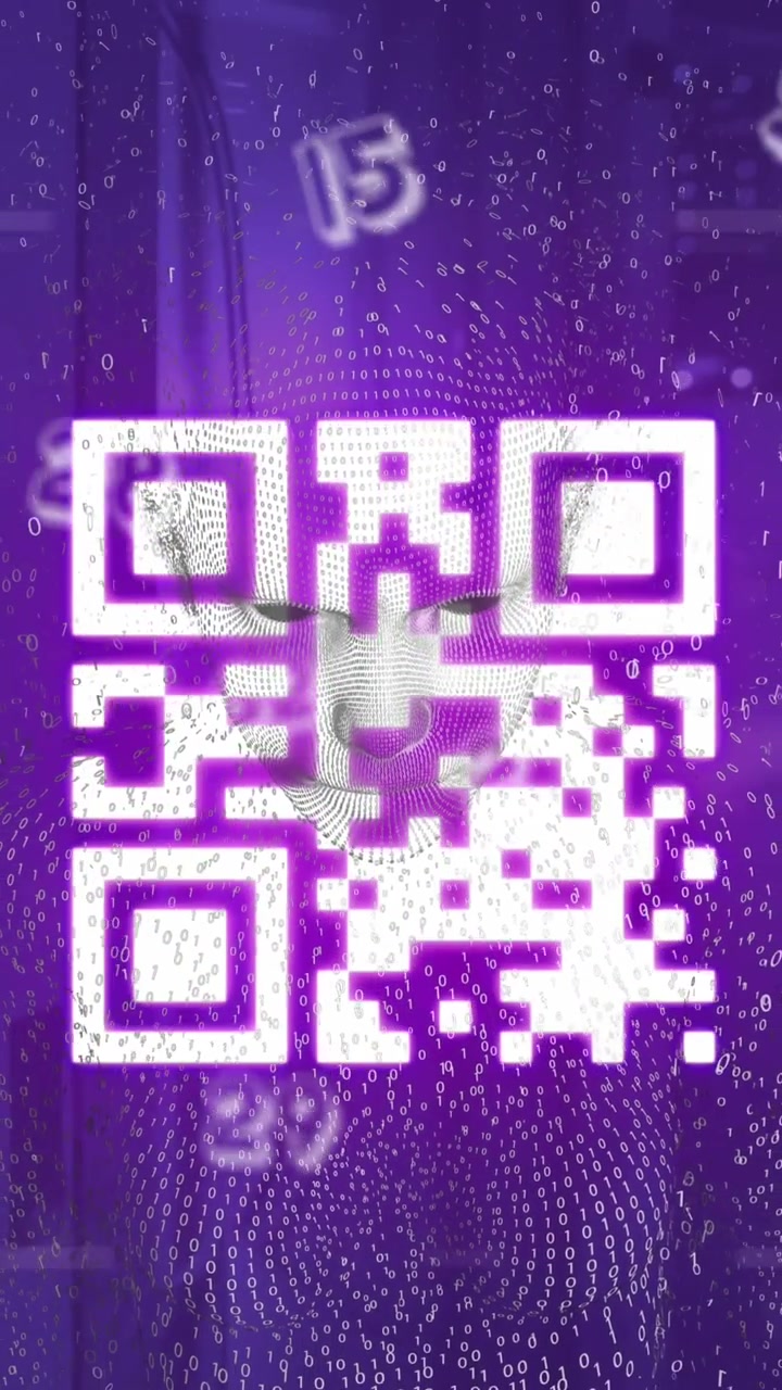 Animation of data processing with qr code and digital human over server room