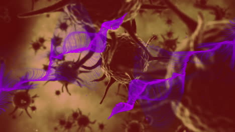 animación de rastros de luz púrpura y macros marrones de células de covid 19