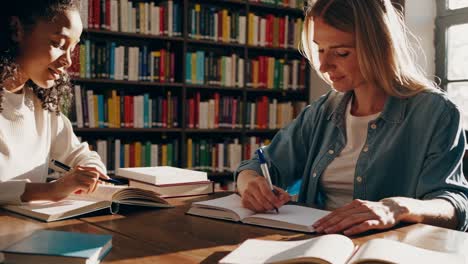 two women study in a sunlit library, captured from a side angle. the warm ambiance suggests a video