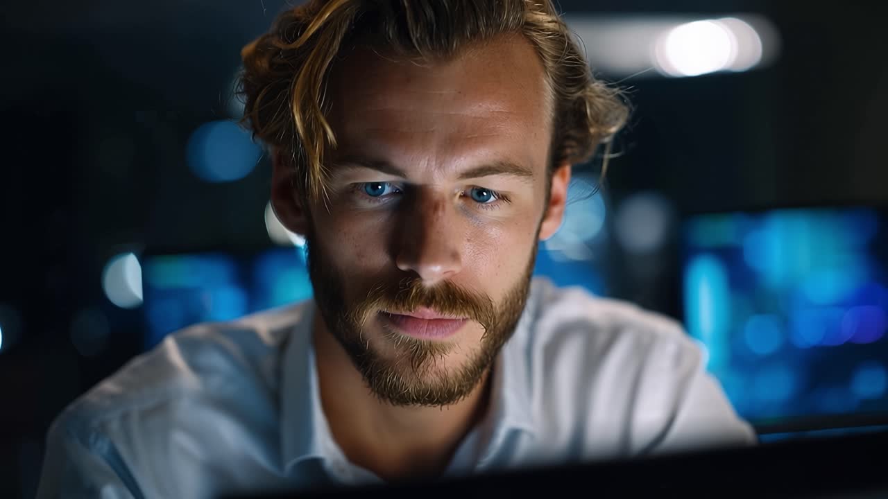 Focused Professional Analyzing Data at Night in Modern Workspace with Screens Illuminating his Intense Expression Reflecting Concentration and Diligence