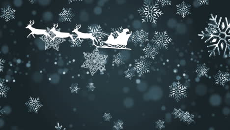 animación de copos de nieve sobre santa claus en un trineo tirado por renos contra un fondo azul