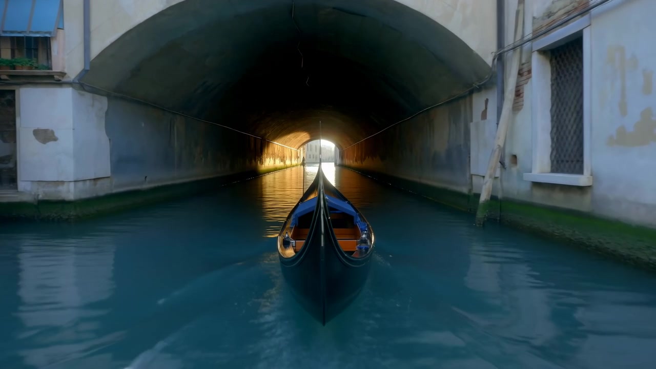 Prua di gondola nera lucida, vista da un punto di vista posteriore basso, scivola attraverso uno stretto canale color verde acqua verso l'apertura di un tunnel semicircolare.