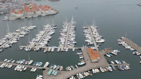 drone flight over a yacht harbour in marstrand sweden