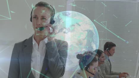 Animation-of-globe-and-connections-over-diverse-business-people-using-phone-headsets