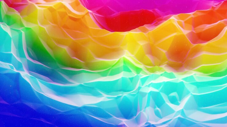 Bellissima superficie astratta 3D con onde estruse o spostate che si trasformano in loop. Gradiente arcobaleno. Materiale opaco morbido simile a dolcezza o marmellata con un leggero bagliore interno, luccica sulla superficie mutevole