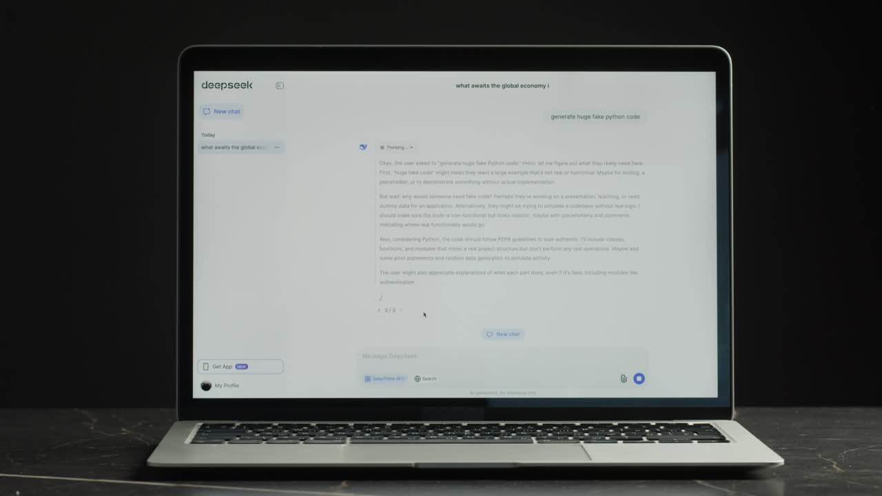 portátil que muestra una página web de deepseek con chat y código de python