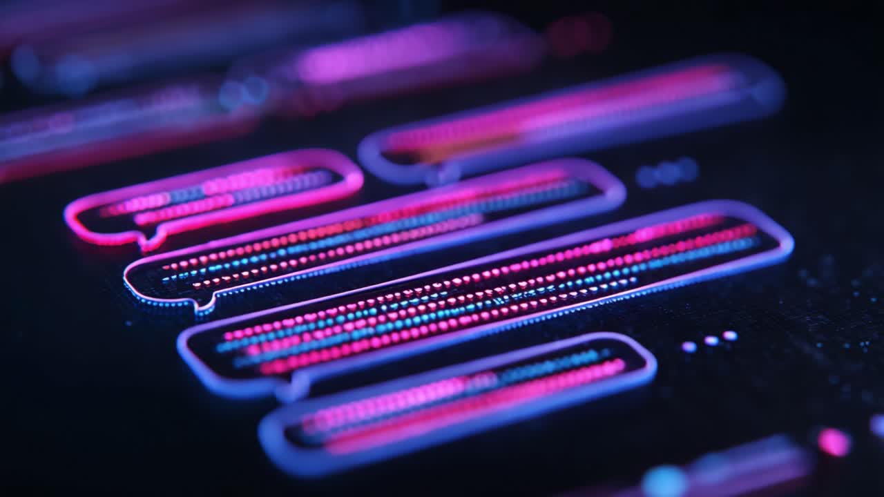 Futuristic Digital Interface with Interconnected Message Bubbles in Vibrant Neon Colors Showcasing Modern Communication Technology and User Interaction