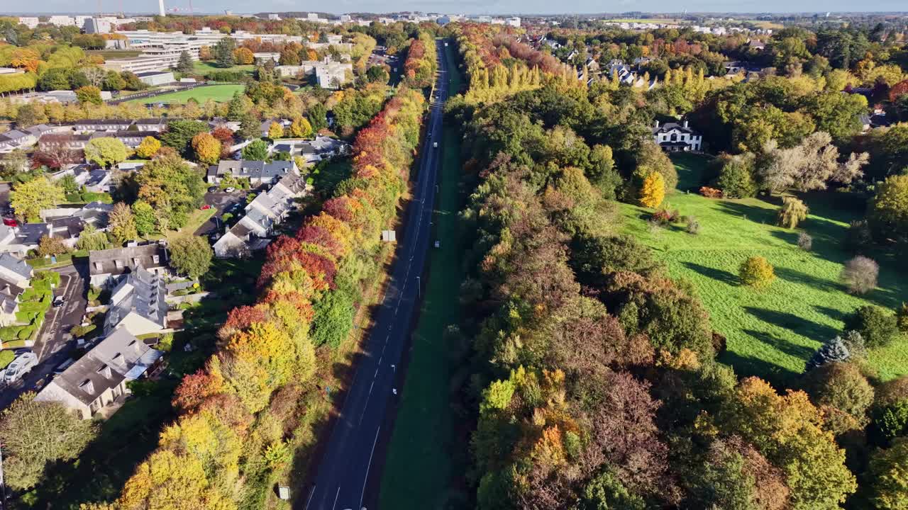 Long tree-lined Avenue des Peupliers runs straight through Cesson-Sévigné, Brittany, France, seen from a high drone perspective with vibrant autumn foliage, residential areas, and open green space