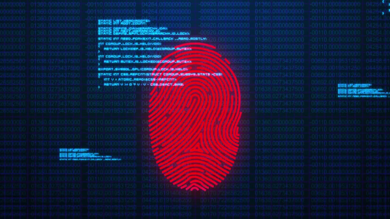 Animation of fingerprint and data processing over black background