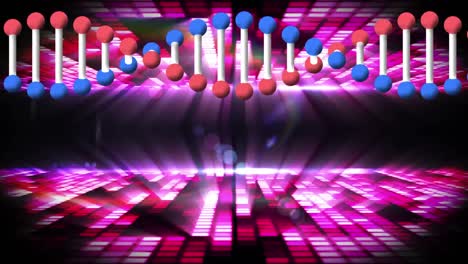 estructura de adn girando sobre cuadrados de mosaico rosado contra un fondo negro