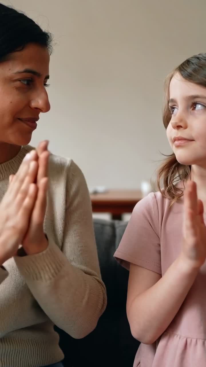 Vertical video: Turning to child, clapping mother guiding daughter on sofa at home, wearing sweater