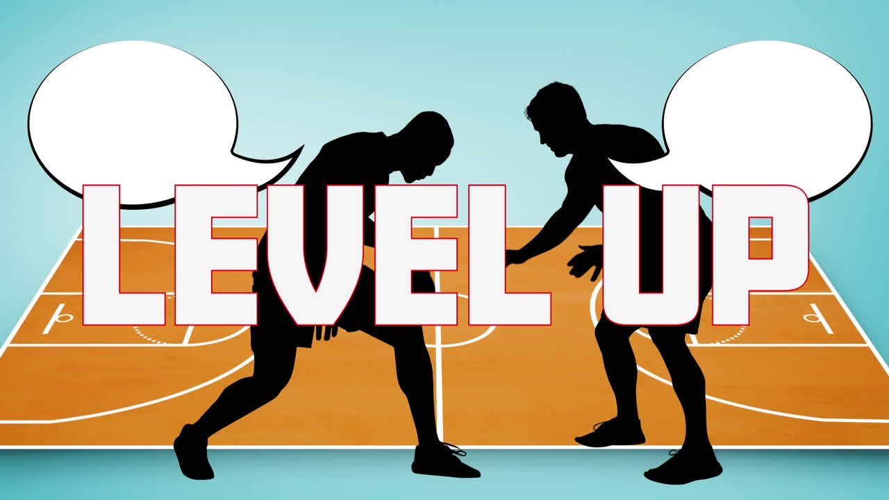 코트에서 연설 거품을 가진 실루 ⁇  남성 농구 선수 위에 단어 수준의 애니메이션