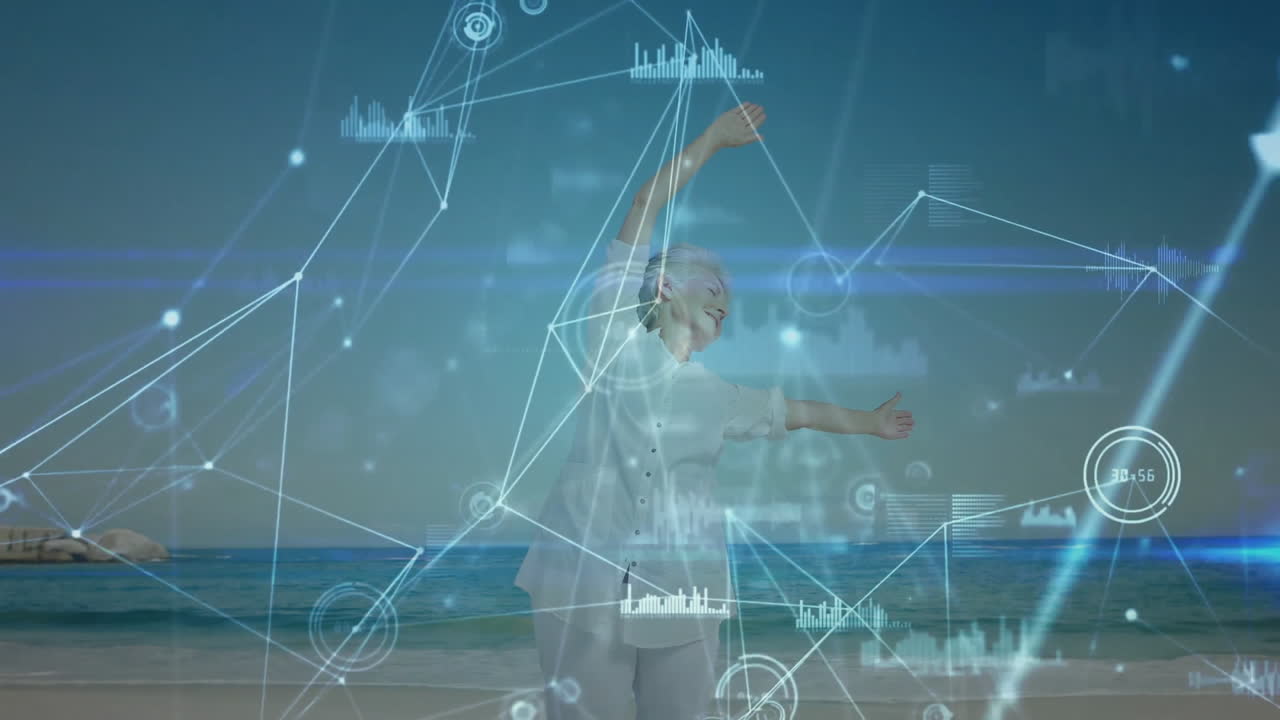 Dancing on beach, elderly woman with animation of digital network graphics