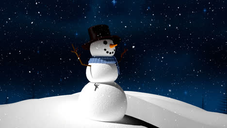 snow falling over snowman on winter landscape against blue shining stars in night sky