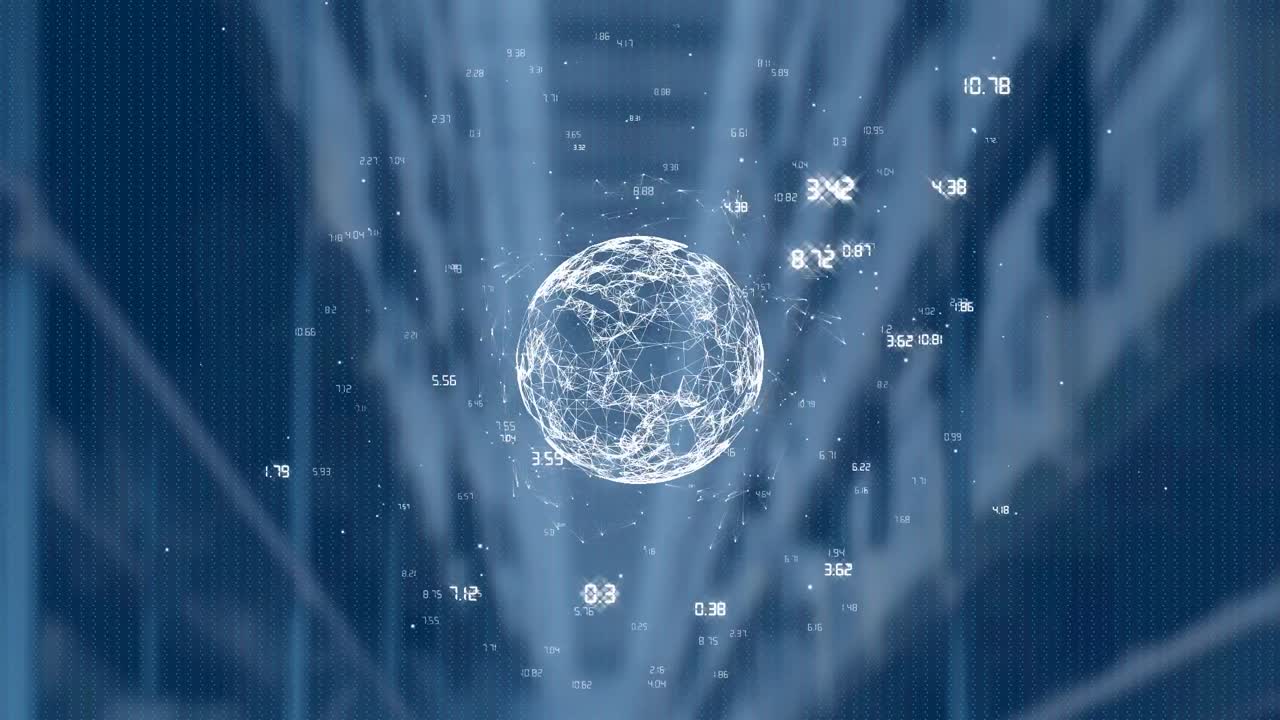 창고에 대해 회전하는 연결 네트워크의 지구의 디지털 애니메이션