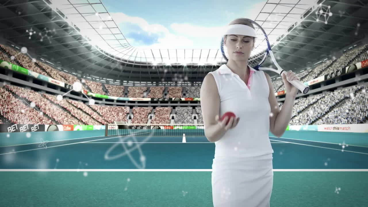 female tennis player holding racket and ball on court in stadium, showing sports tech graphics