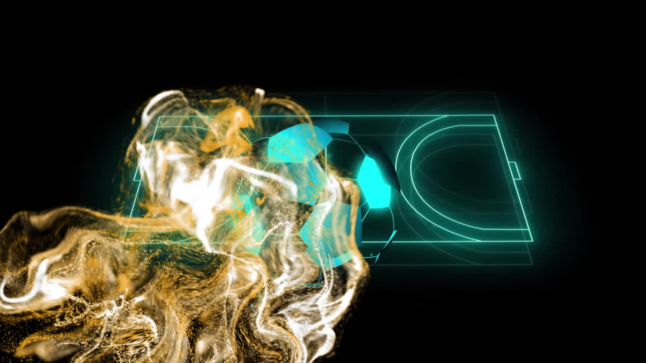 오렌지색 입자 네트워크의 애니메이션과 검은색 배경에 파란색 네온 드볼 코트 위의 축구