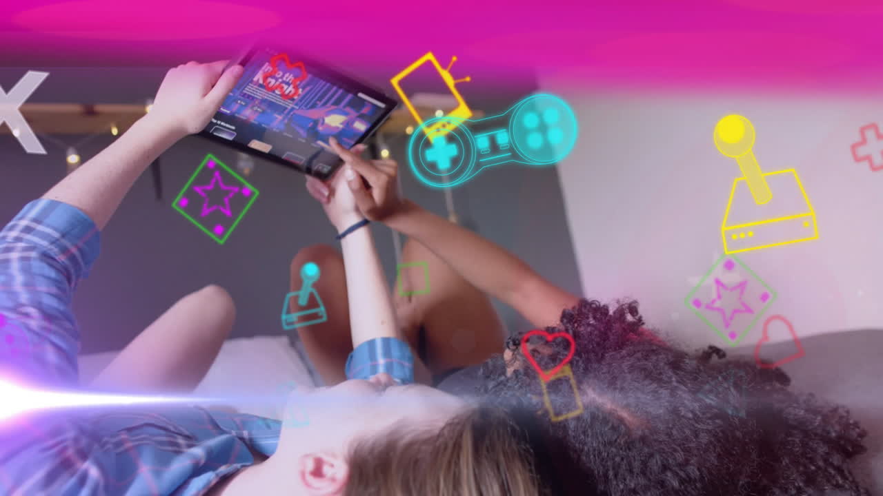 스마트 폰을 사용하는 다양한 여성에 대한 데이터 처리의 애니메이션