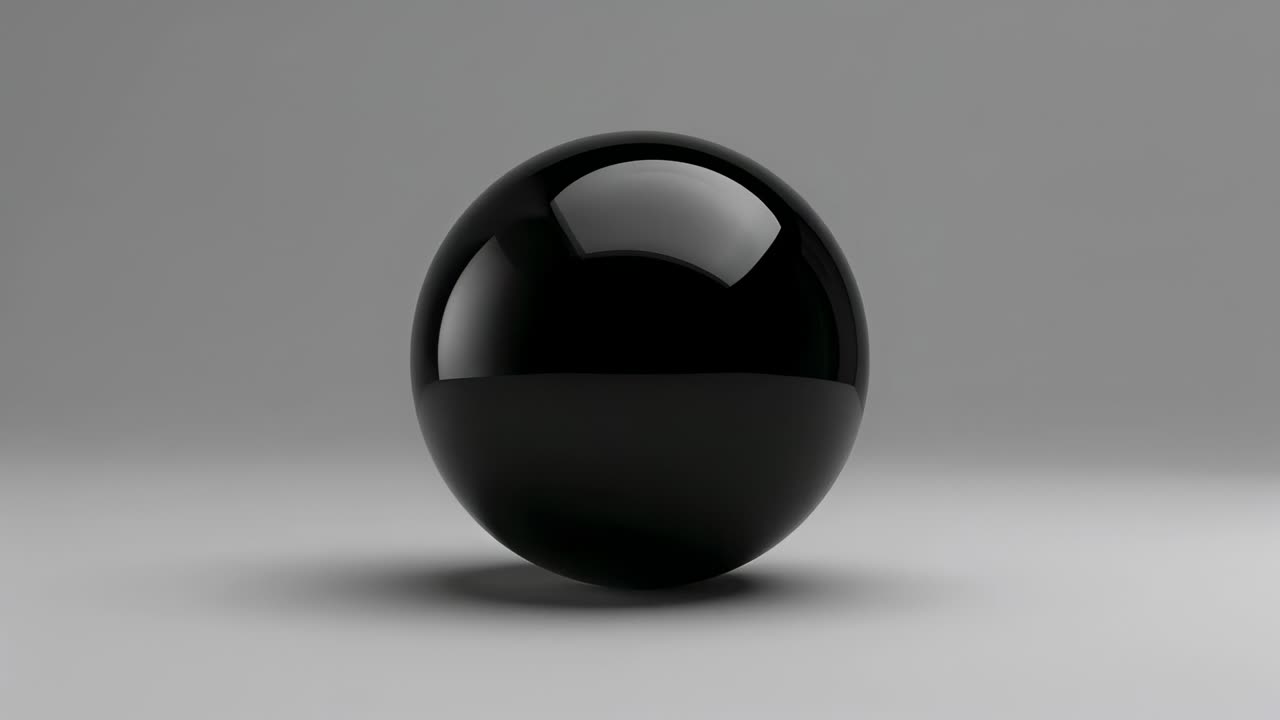 Rotating glossy black sphere moving closer on gray floor, shifting specular highlight by animation
