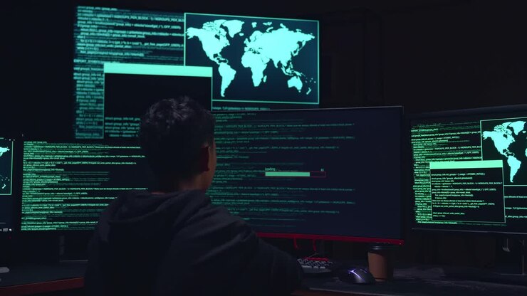 Asiatisk dreng hacker med flere computere og downloader data med succes.