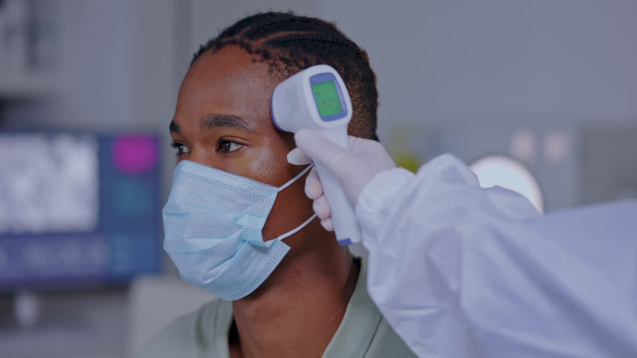 Thermometer, doctor and covid patient with a face