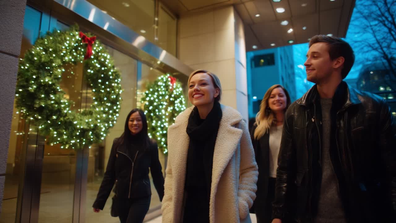 A group of friends joyfully enjoy a festive evening outdoors as they walk past beautifully decorated wreaths, surrounded by twinkling lights, capturing the essence of friendship and holiday spirit in a cheerful urban setting
