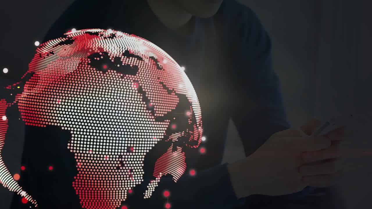 Animation of connections and globe brown background with man using smartphone
