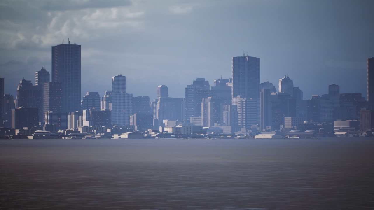 Urban skyline view of a coastal city under cloudy weather conditions