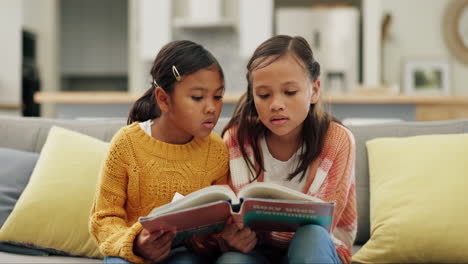 education, sisters and reading a book on sofa