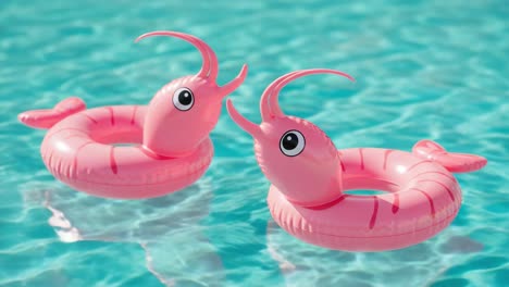 Two Colorful Pink Lobster-Shaped Inflatable Pool Floats Stretched Across a Clear, Refreshing Water Surface, Perfect for Summer Fun and Leisure Activities