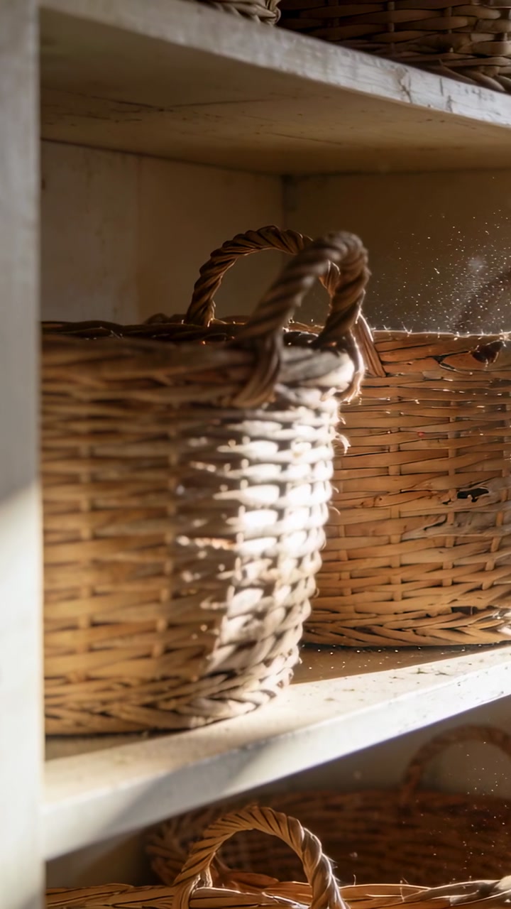 Vertical video: Sunlight striking wicker baskets on painted shelf, revealing frayed rim and debris