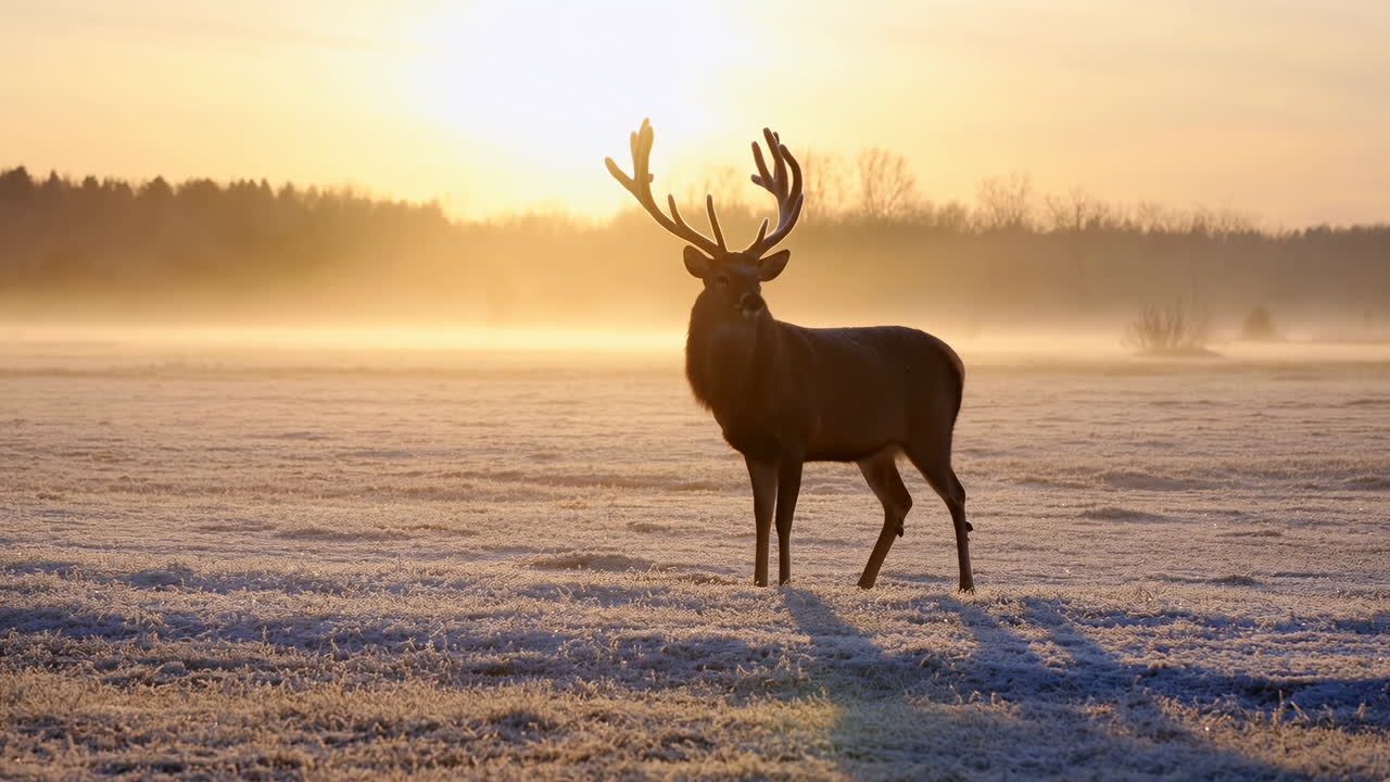 Majestic Red Deer Stag Standing in Frosty Field at Golden Sunrise