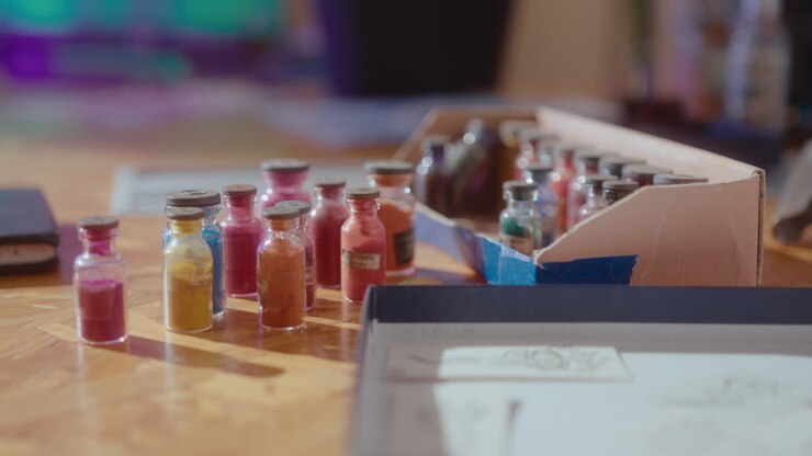 Pigmenti secchi colorati sulla scrivania dell'artista