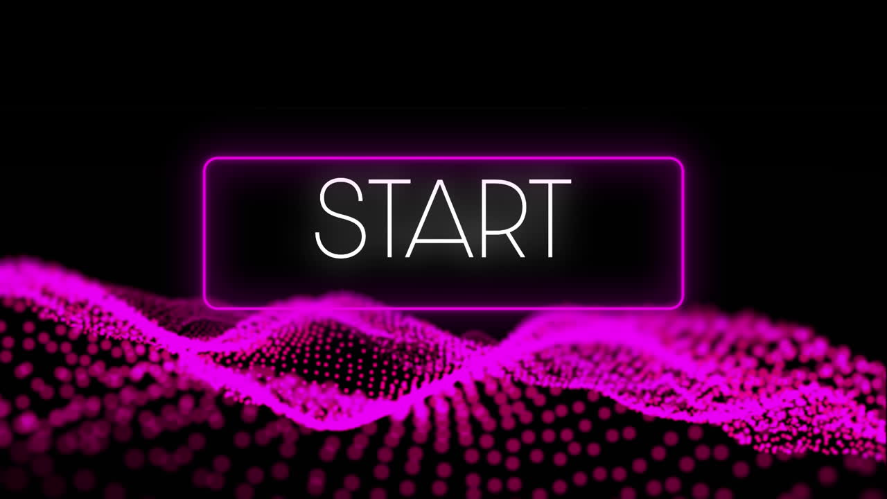 Animation of start neon text with purple glowing mesh over black background