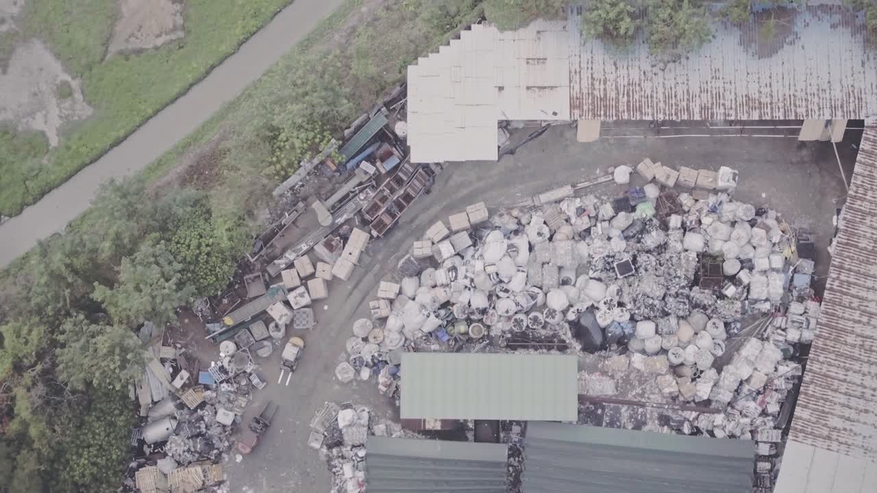 Plastic recycling plant in Hong Kong. Aerial drone view