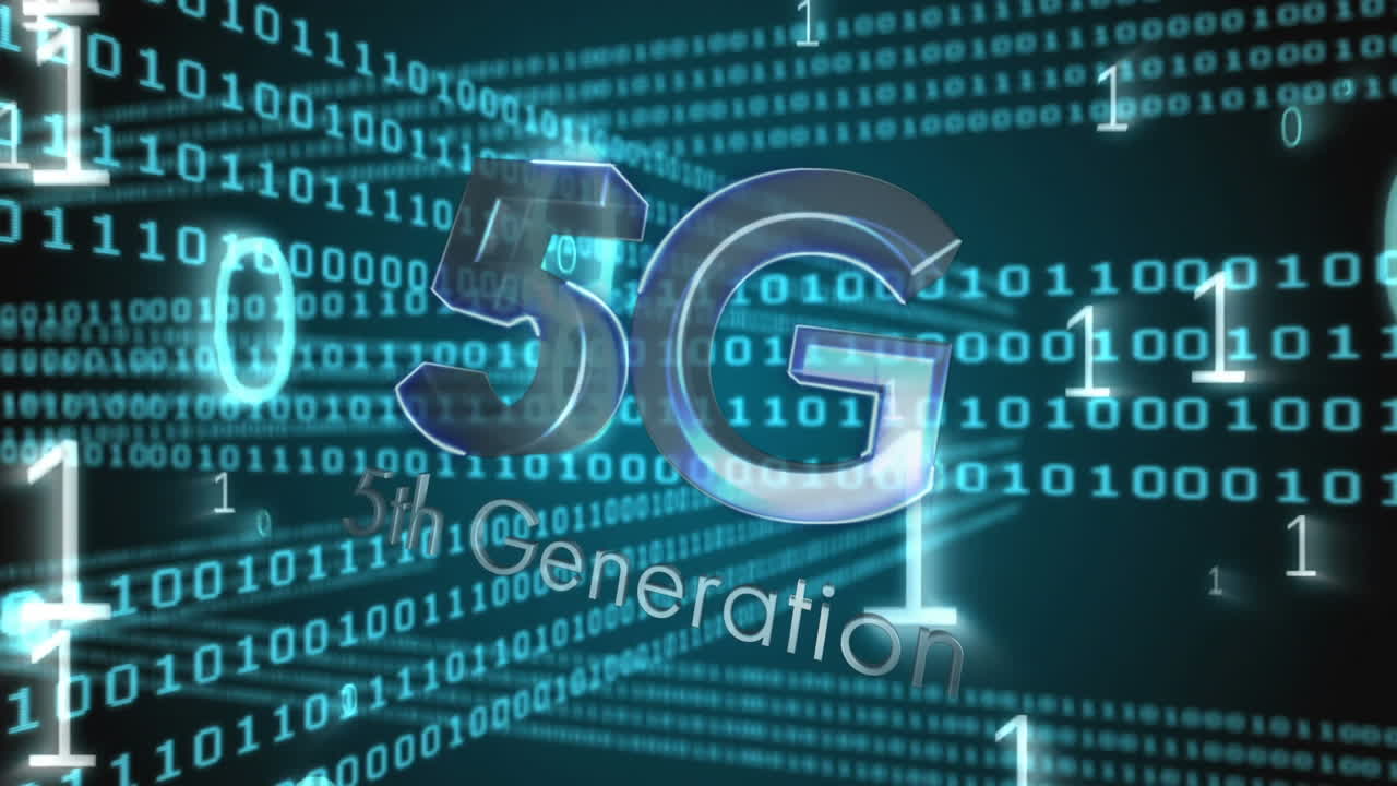 animación digital de texto 5g contra el procesamiento de datos de codificación binaria en fondo negro