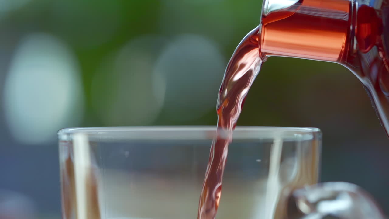 투명한 차 냄비에서 유리 컵, 녹색 자연 배경에 붉은 허브 차를 붓는 것을 닫습니다