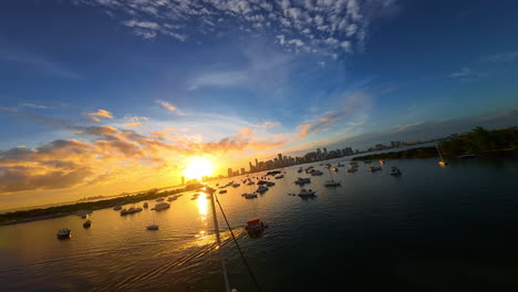 Flight above the bay with multiple yachts and boats. Amazing sunset above the waterscape. Urban skyline at backdrop.